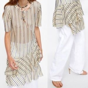 Zara Dress Womens Medium W B Collection Blue Tan Striped Ruffle Short sleeve